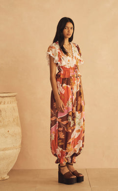 LUCCA Silk Ruffle Sleeve Drawstring Top
