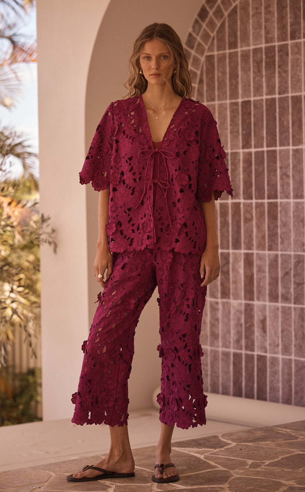 ROSARIA ORNATO Appliqué Tie Front Top and Cropped Pant, campaign image