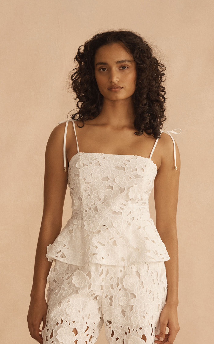 BIANCA ORNATO Appliqué Tie Peplum Top, close-up